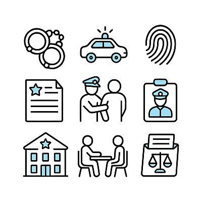 아이콘 대화 범죄 경찰 범죄인 사건 검사_조사 문서 법 증거 법원 수사 지문 체포 2D아이콘 AI파일 직업 말하기 파일형식 벡터