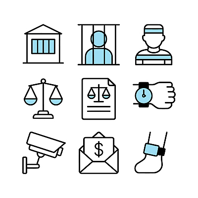 아이콘 시계 저울 카메라 범죄 체벌 범죄인 편지 교도소 문서 법 감시 재판 법원 순서 법정 2D아이콘 AI파일 전자제품 감옥 파일형식 벡터