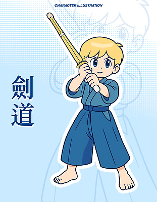 캐릭터 전통 옷 어린이 스포츠 포즈 일러스트 모션 청소년 소년 그래픽 파란색 일본 무도 집중 연습 즐거움 그림 검도 일러캐릭터 AI파일 남자 감정 아시아 컬러 컨셉 사람 격투기 파일형식 벡터