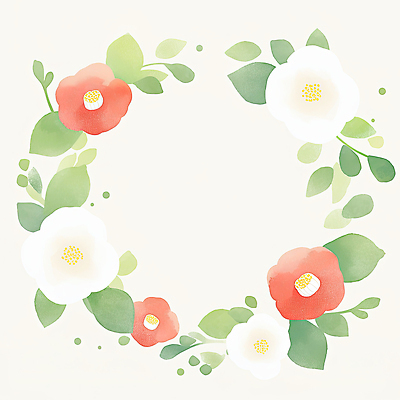 JPG 식물 디자인 계절 꽃 컬러 백그라운드 잎 일러스트 자연 장식 인테리어 화환 봄 원형 그림 부드러움 화사함 동백 뷰티풀 세련 국내일러스트 AI일러스트 AI콘텐츠 도형 컨셉 감각 생태계 파일형식