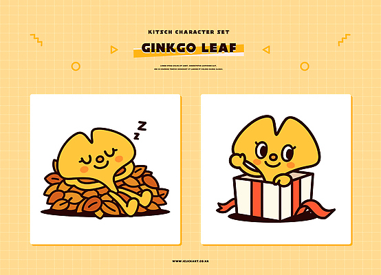 캐릭터 디자인 백그라운드 낙엽 일러스트 모션 놀이 휴식 선물 상자 노란색 귀여움 활발 잠 수면 즐거움 그림 은행잎 일러캐릭터 AI파일 감정 컬러 컨셉 잎 물 파일형식 벡터