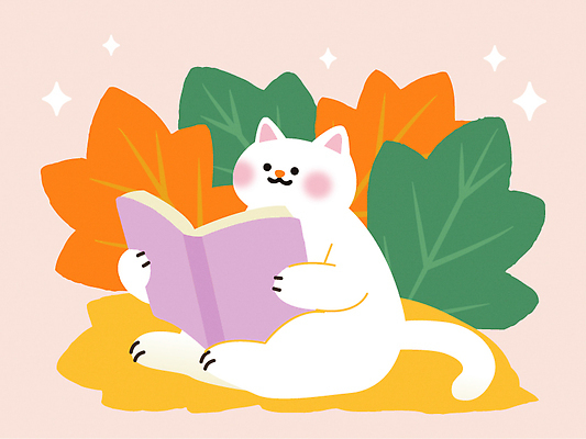 동물 캐릭터 행복 컬러 일러스트 자연 휴식 나뭇잎 책 반려동물 독서 귀여움 고양이 시간 편안함 그림 화사함 뷰티풀 국내일러스트 AI파일 감정 컨셉 잎 포유류 감각 생태계 파일형식 벡터