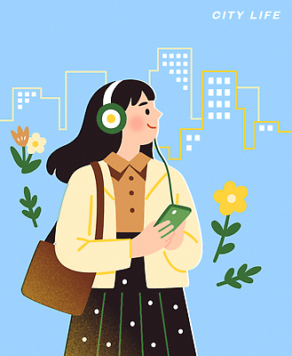 공원 여자 꽃 행복 여유 음악 백그라운드 일러스트 거리 표정 일상 라이프 핸드폰 헤드폰 활발 기쁨 도시 조화 스타일 국내일러스트 AI파일 식물 공공시설 감정 음향기기 컨셉 문화예술 사람 생활 전자제품 파일형식 벡터