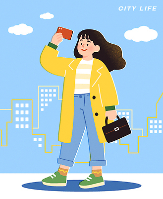 여자 패션 백그라운드 신발 가방 일러스트 모션 하늘 거리 표정 건물 스마트폰 사진촬영 도시 자신감 셀프카메라 즐거움 비율 스타일 국내일러스트 AI파일 건축물 잡화 감정 사람 핸드폰 스마트기기 촬영 파일형식 벡터