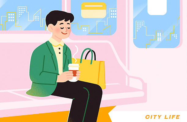 남자 커피 이동 가방 일러스트 휴식 사람 앉기 풍경 일상 초록색 쇼핑 재킷 마시기 도시 전철 즐거움 국내일러스트 AI파일 잡화 감정 음료 육상교통 컬러 컨셉 모션 대중교통 라이프 외투 파일형식 벡터