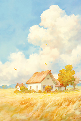 JPG 나무 일러스트 자연 하늘 생명 날씨 주택 풍경 초원 일상 햇빛 평화 고요 금색 농촌 시골 조화 뷰티풀 국내일러스트 AI일러스트 AI콘텐츠 식물 컬러 컨셉 건물 라이프 태양 생태계 파일형식