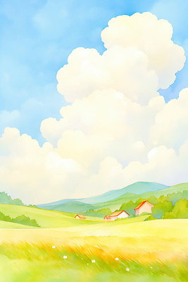 JPG 일러스트 자연 하늘 생명 산 풍경 초원 여름 파란색 햇빛 평화 마을 촉촉함 금색 농촌 조화 국내일러스트 AI일러스트 AI콘텐츠 계절 컬러 컨셉 태양 젖음 시골 생태계 파일형식