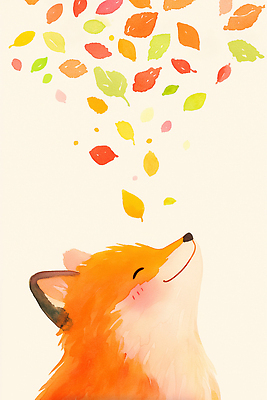 JPG 동물 행복 여유 컬러 일러스트 자연 생명 동화 바람 나뭇잎 수채화 표정 평화 귀여움 그림 여우 뷰티풀 오색 흩날리기 국내일러스트 AI일러스트 AI콘텐츠 자연요소 감정 컨셉 잎 포유류 모션 날씨 생태계 파일형식