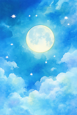 JPG 별 여유 일러스트 자연 하늘 수채화 풍경 파란색 빛 평화 달 달빛 그림 밝은색 뷰티풀 스카이 여름밤 국내일러스트 AI일러스트 AI콘텐츠 자연요소 감정 컬러 컨셉 여름 야간 생태계 파일형식