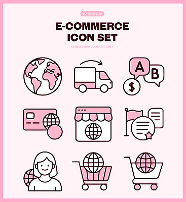 아이콘 지구 인터넷 대화 금융 쇼핑 세트 판매 상점 거래 구매 장바구니 배송 상업 2D아이콘 AI파일 말하기 경제 바구니 파일형식 벡터