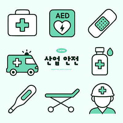 아이콘 산업 의학 안전 치료 약병 체온계 안전장비 구급차 예방 산업안전 응급상황 응급치료 보건 2D아이콘 AI파일 자동차 약 장비 응급 온도계 병_담는 파일형식 벡터