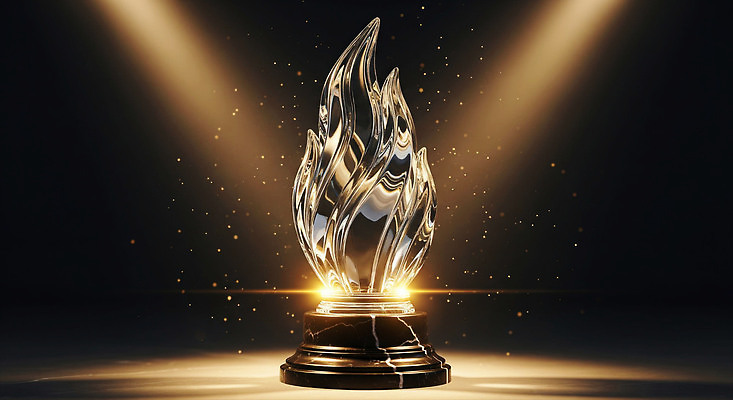 JPG 편집이미지 디자인 예술 성공 불꽃 조명 기념 반사 화려 고급 크리스탈 트로피 기념품 시상식 디지털아트 편집실사 AI컴퓨터그래픽 AI콘텐츠 컨셉 불 광석 상_우승 CG 오브젝트 파일형식