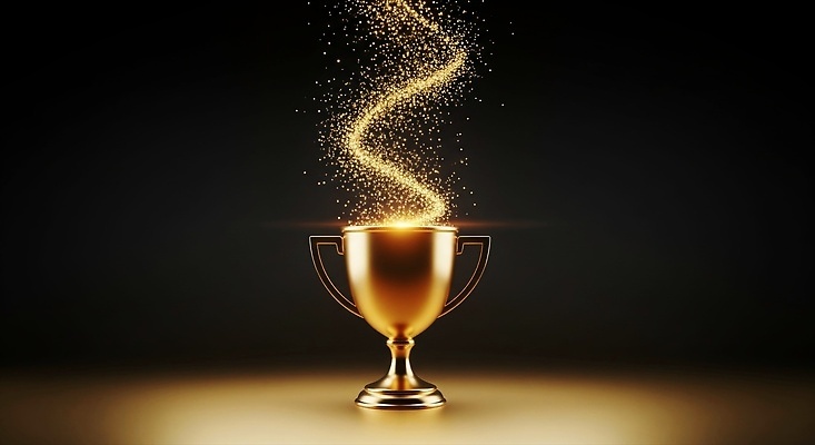 JPG 편집이미지 상징 밤하늘 성공 장식 빛 반짝임 기쁨 금색 축하 우승 신비 가루 트로피 시상식 편집실사 AI컴퓨터그래픽 AI콘텐츠 감정 컬러 컨셉 모션 하늘 최고 야간 상_우승 CG 파일형식