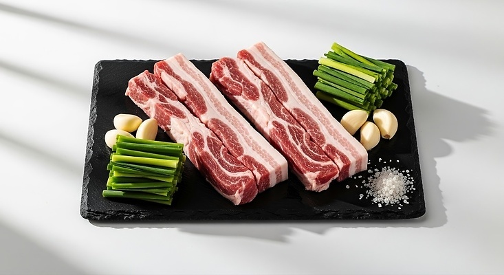 JPG 편집이미지 한식 음식 재료 마늘 육류 요리 식사 흰색 준비 삼겹살 소금 손질 쪽파 편집실사 AI포토 AI콘텐츠 컬러 채소 식재료 돼지고기 CG 파 파일형식