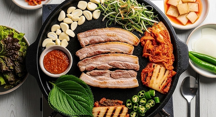 JPG 편집이미지 한식 채소 반찬 김치 마늘 요리 식사 전통음식 상추 바비큐 삼겹살 파 고기요리 맛집 편집실사 AI포토 AI콘텐츠 전통 음식 돼지고기 CG 파일형식