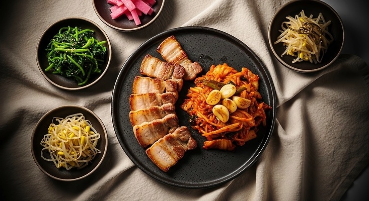 JPG 편집이미지 한식 채소 식탁 반찬 김치 건강 육류 요리 식사 전통음식 맛 삼겹살 회식 편집실사 AI포토 AI콘텐츠 전통 음식 컨셉 식재료 탁자 돼지고기 CG 파일형식