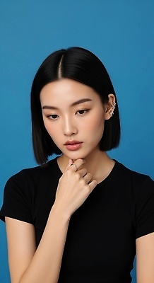 JPG 모델 편집이미지 헤어스타일 여자 포즈 생각 짧은머리 귀걸이 우아함 집중 그림 파란배경 의료성형뷰티 편집실사 AI인물포토 AI콘텐츠 백그라운드 컨셉 장신구 사람 파란색 CG 파일형식 AI포토