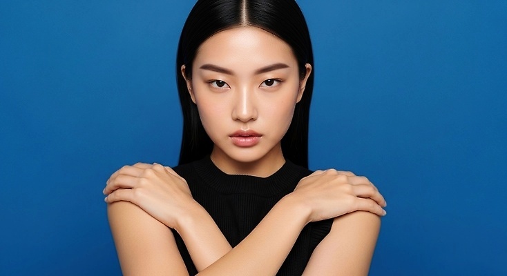 JPG 모델 편집이미지 여자 패션 포즈 미소 머리카락 촬영 자신감 가슴 집중 파란배경 강렬 의료성형뷰티 편집실사 AI인물포토 AI콘텐츠 감정 백그라운드 컨셉 표정 사람 신체부위 파란색 머리 CG 파일형식 AI포토