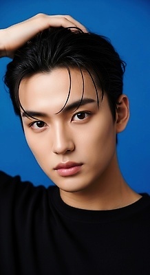 JPG 편집이미지 헤어스타일 남자 감정 포즈 백그라운드 파란색 카메라 촬영 매력적 찡그림 피부 개성 의료성형뷰티 편집실사 AI인물포토 AI콘텐츠 컬러 컨셉 표정 사람 신체부위 전자제품 CG 파일형식 AI포토