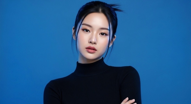 JPG 모델 편집이미지 헤어스타일 패션 포즈 사람 뷰티 카메라 팔짱 사진촬영 촬영 파란배경 의료성형뷰티 스타일 편집실사 AI인물포토 AI콘텐츠 백그라운드 모션 파란색 전자제품 CG 파일형식 AI포토