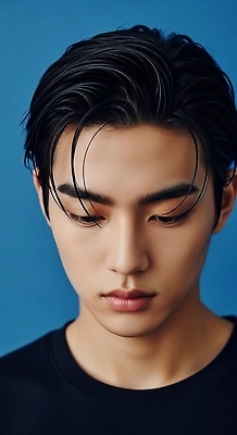 JPG 편집이미지 헤어스타일 남자 감정 표정 고개숙이기 근접촬영 청춘 눈썹 파란배경 조화 뷰티풀 의료성형뷰티 스타일 편집실사 AI인물포토 AI콘텐츠 얼굴 뷰포인트 백그라운드 컨셉 숙이기 사람 파란색 CG 파일형식 AI포토