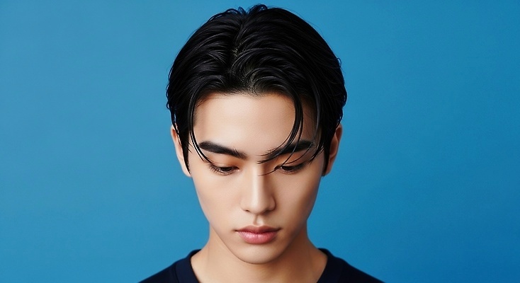 JPG 편집이미지 남자 감정 포즈 생각 아침 고개숙이기 사람 청춘 집중 파란배경 조용 순간 의료성형뷰티 편집실사 AI인물포토 AI콘텐츠 주간 백그라운드 컨셉 숙이기 파란색 CG 파일형식 AI포토