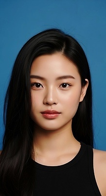 JPG 모델 편집이미지 여자 자연 표정 미소 사람 머리카락 카메라 매력적 검은머리 파란배경 뷰티풀 의료성형뷰티 편집실사 AI인물포토 AI콘텐츠 헤어스타일 백그라운드 컨셉 파란색 전자제품 머리 CG 생태계 파일형식 AI포토