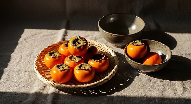 JPG 편집이미지 그릇 음식 과일 탁자 감 여름 햇빛 바구니 주방 식사 신선 색감 편집실사 AI포토 AI콘텐츠 식기 계절 가구 태양 CG 파일형식