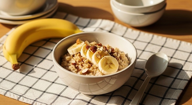 JPG 편집이미지 그릇 아침 바나나 수저 일상 견과류 아침식사 상차림 건강식 오트밀 편집실사 AI포토 AI콘텐츠 코티지코어 주간 식기 음식 과일 라이프 유행 식사 CG 파일형식 귀리