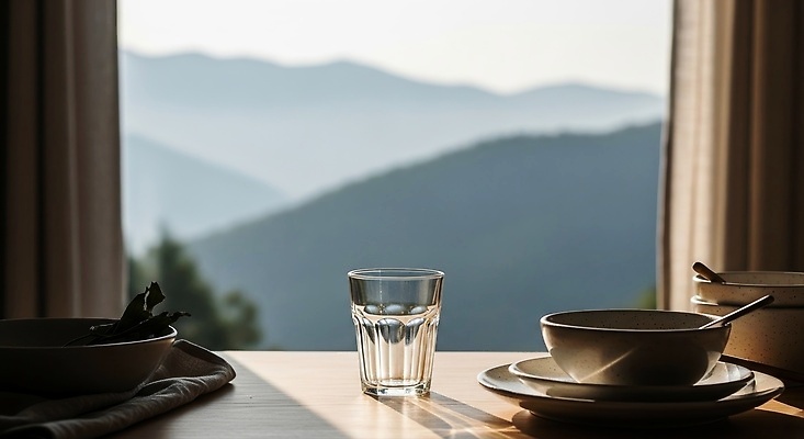 JPG 편집이미지 그릇 음식 자연 탁자 아침 잔 산 풍경 물 평화 식사 발코니 준비 차분 편집실사 AI포토 AI콘텐츠 코티지코어 주간 자연요소 식기 가구 컨셉 유행 CG 생태계 파일형식