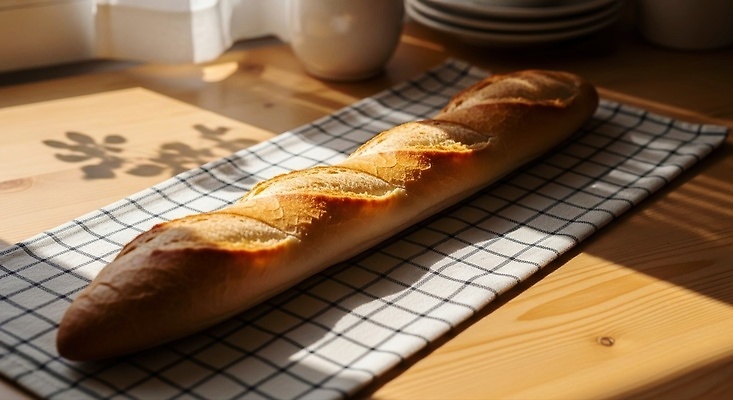 JPG 편집이미지 음식 빵 탁자 아침 따뜻함 일상 빛 햇빛 주방 식탁보 바게트 편안함 굽기 체크무늬 편집실사 AI포토 AI콘텐츠 코티지코어 주간 가구 무늬 라이프 태양 유행 감각 구이 CG 파일형식