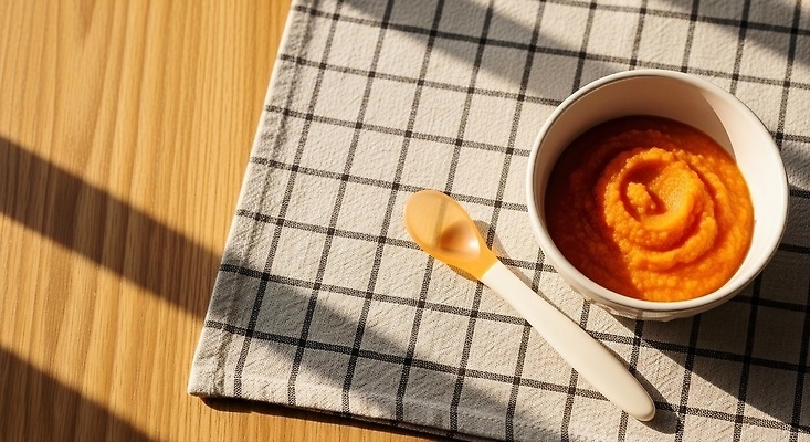 JPG 편집이미지 디저트 따뜻함 요리 숟가락 식사 당근 냅킨 체크무늬 건강식 나무탁자 집밥 퓨레 편집실사 AI포토 AI콘텐츠 코티지코어 음식 무늬 탁자 뿌리채소 수저 유행 CG 파일형식