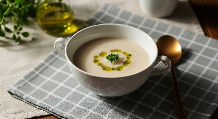 JPG 편집이미지 그릇 식재료 식탁 요리 식사 수프 올리브오일 체크무늬 레시피 크림스프 편집실사 AI포토 AI콘텐츠 코티지코어 식기 무늬 탁자 유행 기름_음식 CG 파일형식