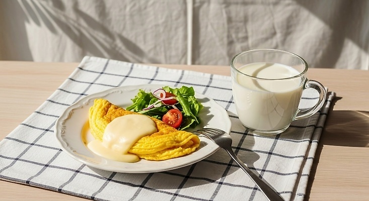 JPG 편집이미지 채소 요리 식사 샐러드 우유 아침식사 계란요리 브런치 오믈렛 간편조리식품 맛있는 편집실사 AI포토 AI콘텐츠 코티지코어 음식 유제품 유행 계란 CG 파일형식