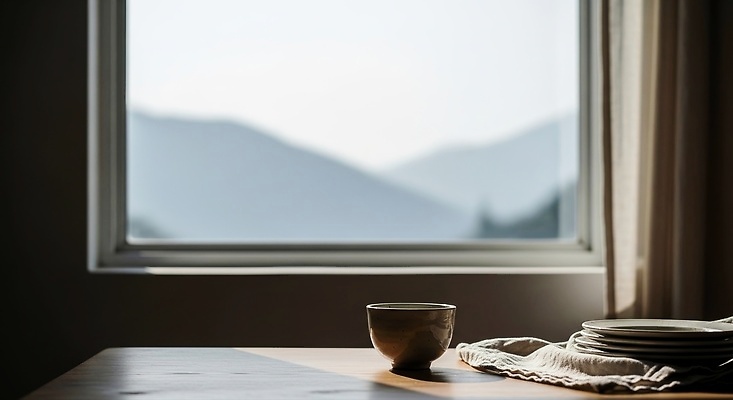 JPG 편집이미지 그릇 접시 창 여유 자연 탁자 아침 산 풍경 일상 빛 식사 방 저녁 편안함 편집실사 AI포토 AI콘텐츠 코티지코어 주간 식기 감정 무기 가구 라이프 유행 감각 야간 CG 생태계 파일형식