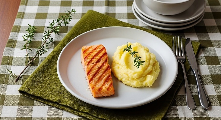 JPG 편집이미지 음식 식탁 주택 건강 요리 식사 저녁식사 식탁보 균형 준비 연어 식사준비 맛있는 편집실사 AI포토 AI콘텐츠 코티지코어 탁자 어류 건물 유행 CG 파일형식