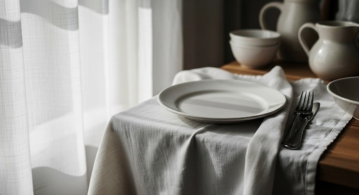 JPG 나무 편집이미지 식기 접시 식탁 탁자 아침 조명 실내 주방 식사 흰색 커튼 분위기 편안함 편집실사 AI포토 AI콘텐츠 코티지코어 주간 식물 컬러 가구 컨셉 내부 유행 감각 CG 파일형식