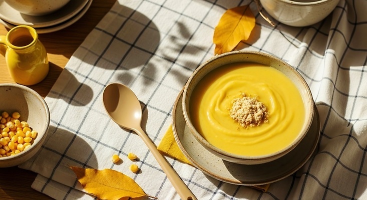 JPG 편집이미지 그릇 음식 낙엽 자연 탁자 수저 따뜻함 옥수수 요리 노란색 주방 식사 수프 준비 편집실사 AI포토 AI콘텐츠 코티지코어 식기 컬러 가구 잎 곡류 유행 CG 생태계 파일형식