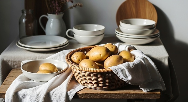 JPG 편집이미지 그릇 재료 가정 식탁 감자 건강 요리 일상 바구니 주방 신선 편안함 식사준비 편집실사 AI포토 AI콘텐츠 코티지코어 식기 채소 탁자 라이프 유행 감각 CG 준비 파일형식