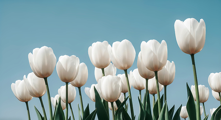JPG 식물 편집이미지 꽃잎 꽃 줄기 자연 하늘 아침 풍경 초록색 여름 정원 튤립 흰색 만개 뷰티풀 편집실사 AI포토 AI콘텐츠 주간 계절 컬러 CG 생태계 파일형식