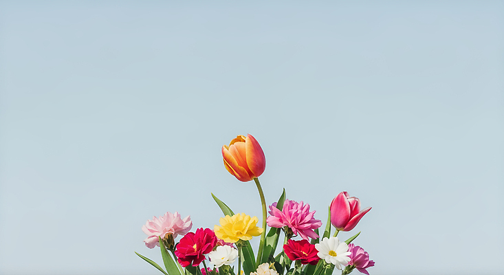 JPG 식물 편집이미지 꽃 분홍색 컬러 자연 하늘 생명 빨간색 노란색 정원 봄 튤립 카네이션 화사함 마거리트 편집실사 AI포토 AI콘텐츠 계절 컨셉 CG 생태계 파일형식