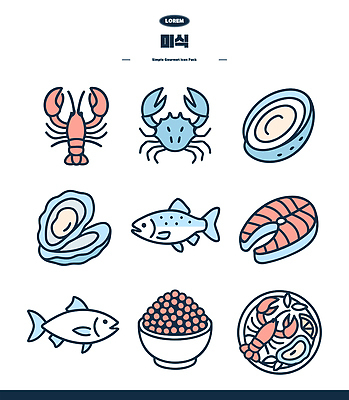 디자인 음식 바다 일러스트 조개 새우 어류 게 굴 바닷가재 해산물 캐비아 국내일러스트 AI파일 식재료 어패류 갑각류 수중동물 가재 파일형식 벡터