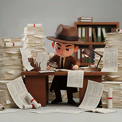 JPG 편집이미지 캐릭터 사무실 자료 작업 혼잡 집중 책상 문서 주말 탐정 서류더미 편집3D AI컴퓨터그래픽 AI콘텐츠 가구 컨셉 비즈니스 3D 파일형식 더미