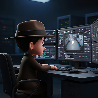 JPG 편집이미지 캐릭터 남자 조명 기술 그래픽 컴퓨터 카메라 모니터 자료 어둠 방 관찰 작업 감시 영상 탐정 편집3D AI컴퓨터그래픽 AI콘텐츠 모션 사람 전자제품 3D 파일형식