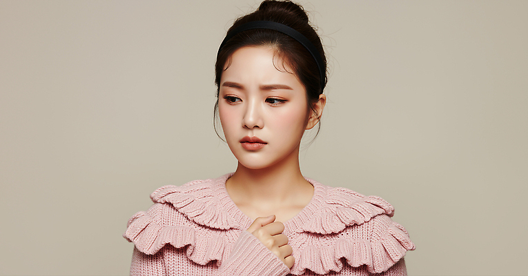 JPG 편집이미지 옷 여자 패션 감정 분홍색 포즈 실내 촬영 고요 스웨터 심플 뷰티풀 의료성형뷰티 스타일 편집실사 AI인물포토 AI콘텐츠 컬러 상의 사람 내부 CG 파일형식 AI포토