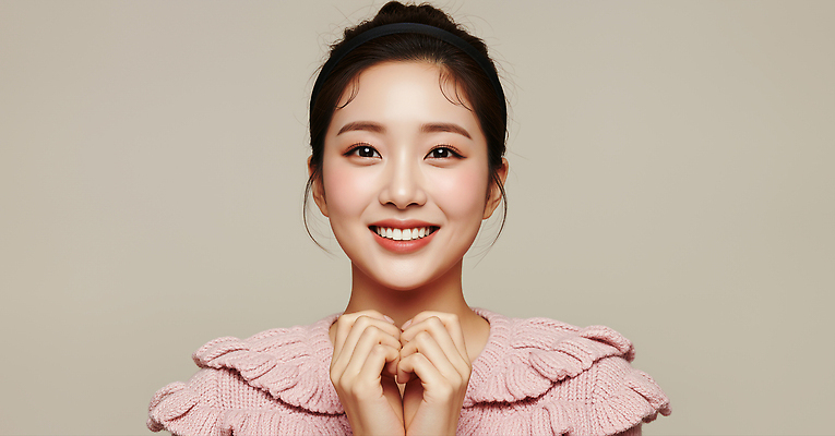 JPG 모델 편집이미지 손 여자 행복 감정 얼굴 분홍색 포즈 조명 실내 미소 카메라 사진촬영 스웨터 뷰티풀 의료성형뷰티 편집실사 AI인물포토 AI콘텐츠 컬러 상의 표정 사람 내부 신체부위 전자제품 촬영 CG 파일형식 AI포토