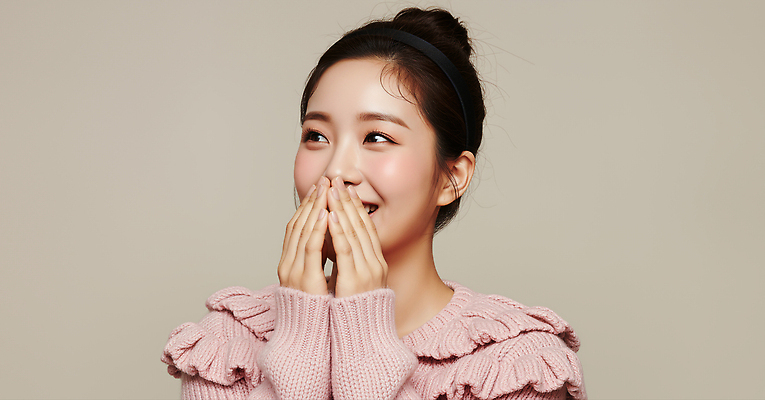 JPG 편집이미지 손 여자 패션 행복 감정 얼굴 분홍색 조명 표정 웃음 귀여움 기쁨 스웨터 부드러움 의료성형뷰티 스타일 편집실사 AI인물포토 AI콘텐츠 컬러 컨셉 상의 사람 신체부위 감각 CG 파일형식 AI포토