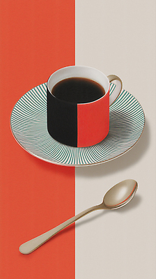 JPG 편집이미지 디자인 커피 음료 예술 컬러 탁자 컵 빨간색 금속 숟가락 검은색 모던 준비 스타일 이미지편집 AI컴퓨터그래픽 AI콘텐츠 식기 가구 재질 수저 파일형식