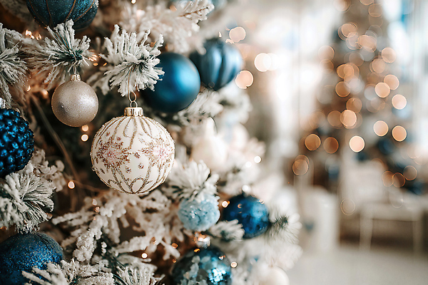 JPG 편집이미지 크리스마스 겨울 전구 실내 장식 파란색 빛 크리스마스트리 축제 분위기 은색 구슬 연말 편집실사 AI포토 AI콘텐츠 계절 기념일 컬러 컨셉 내부 CG 파일형식