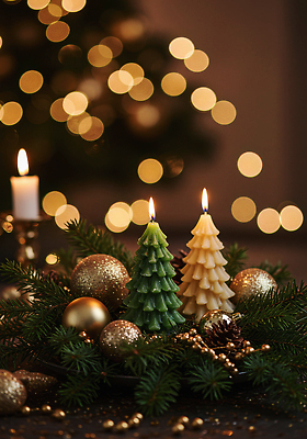 JPG 편집이미지 크리스마스 겨울 초 자연 탁자 따뜻함 장식 빛 반짝임 크리스마스트리 금색 편안함 향기 향초 나무모양 편집실사 AI포토 AI콘텐츠 모양 계절 기념일 컬러 가구 모션 감각 CG 생태계 냄새 파일형식